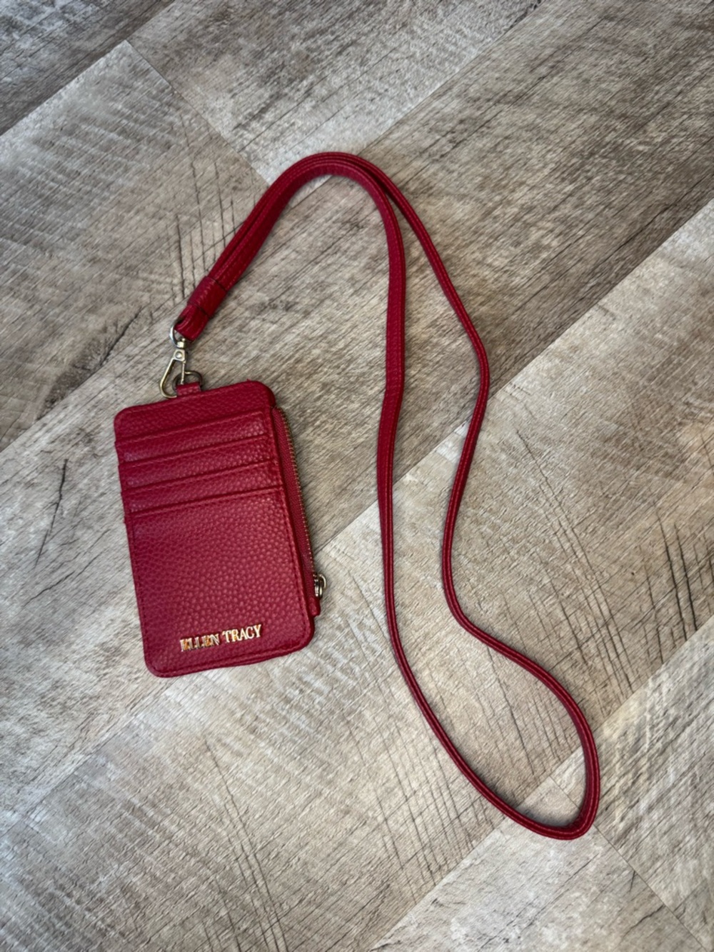 Ellen Tracy Red Leather Zip Cardholder with Gold Logo Pull, Crossbody Strap
